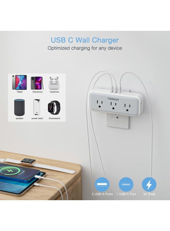 TESSAN Multi Plug Outlet Splitter, 5 AC Surge Protector Outlet Extension Extender with 3 USB Wall Charger, Multiple Plug Expander for Home Office Dorm Room Essentials - Image 3