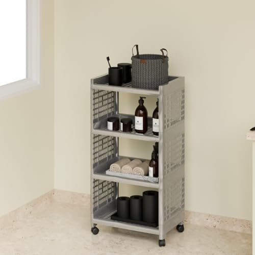 FOROLY Multipurpose 4 Tier Storage Rack with Wheels | Bathroom Kitchen Organizer Shelf | Rolling Utility Trolley for Home, Laundry, Office & Living Room | Heavy Duty Plastic Rack (Silver) - Image 1