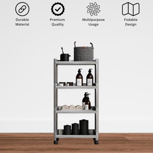FOROLY Multipurpose 4 Tier Storage Rack with Wheels | Bathroom Kitchen Organizer Shelf | Rolling Utility Trolley for Home, Laundry, Office & Living Room | Heavy Duty Plastic Rack (Silver) - Image 3