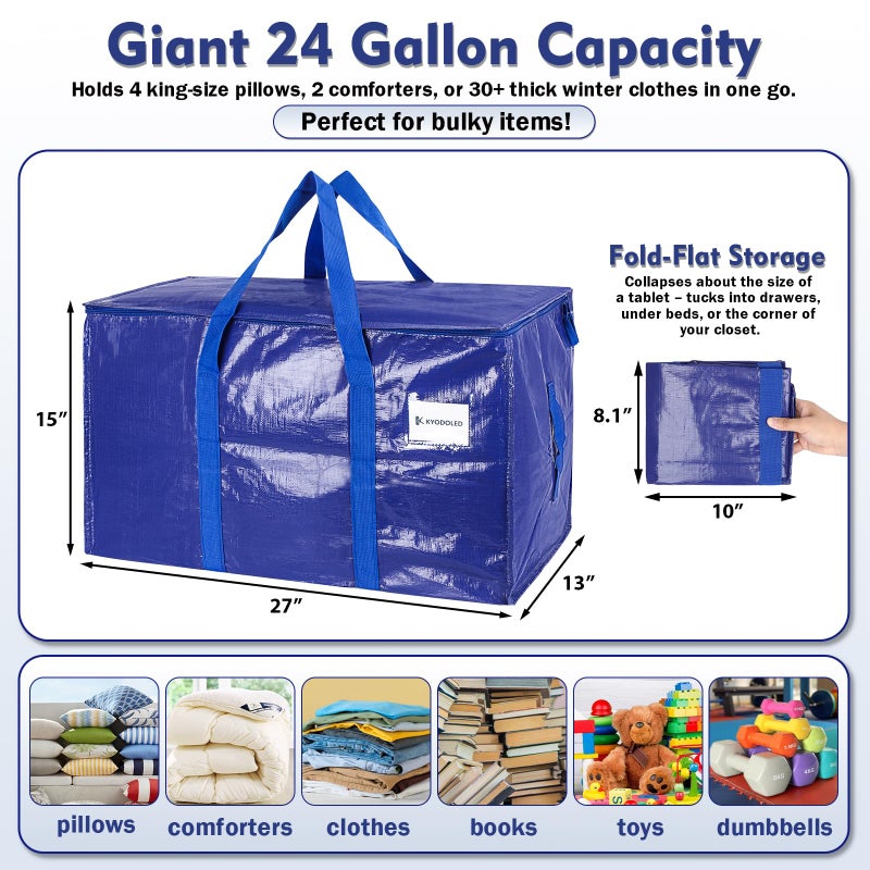 KYODOLED 6 Pack Extra Heavy Duty Blue Moving Bags - Large Move In & Packing Bags for College Students, Sturdy Storage Totes with Strong Zipper & Comfortable Handles for Clothes Storage - Image 2