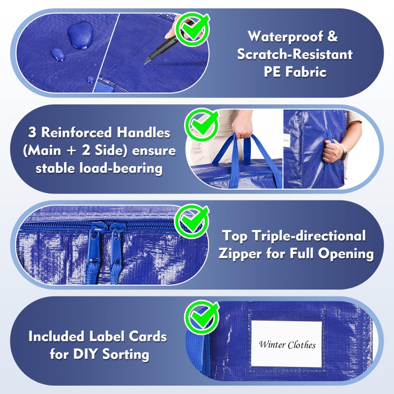 KYODOLED 6 Pack Extra Heavy Duty Blue Moving Bags - Large Move In & Packing Bags for College Students, Sturdy Storage Totes with Strong Zipper & Comfortable Handles for Clothes Storage - Image 3