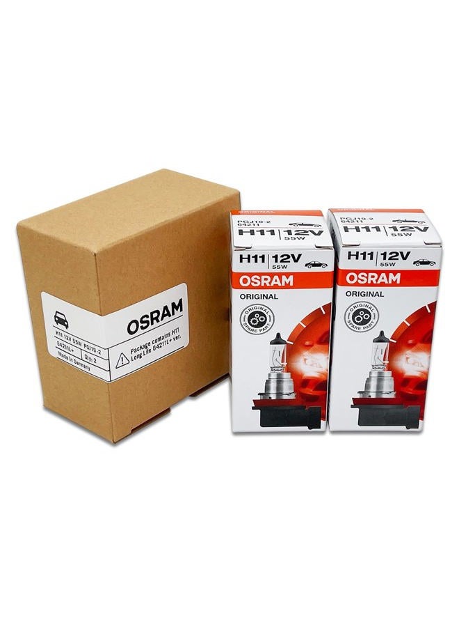 OSRAM H11 64211L+ DOT Original Standard Halogen Bulb 12V 55W 3800K PGJ19-2 Made in Germany/Pack of 2 - Image 1