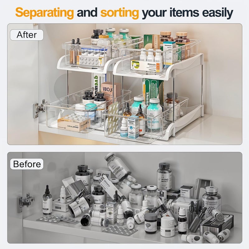 Kuber Industries Kuber Industires 2 Pcs Polypropylene Clear 2 Tier Under Sink Storage Organizer | Makeup Vanity Stand Box for Dressing Table | Countertop Drawer Organizer for Medicine & Bathroom Cabinet | White - Image 4