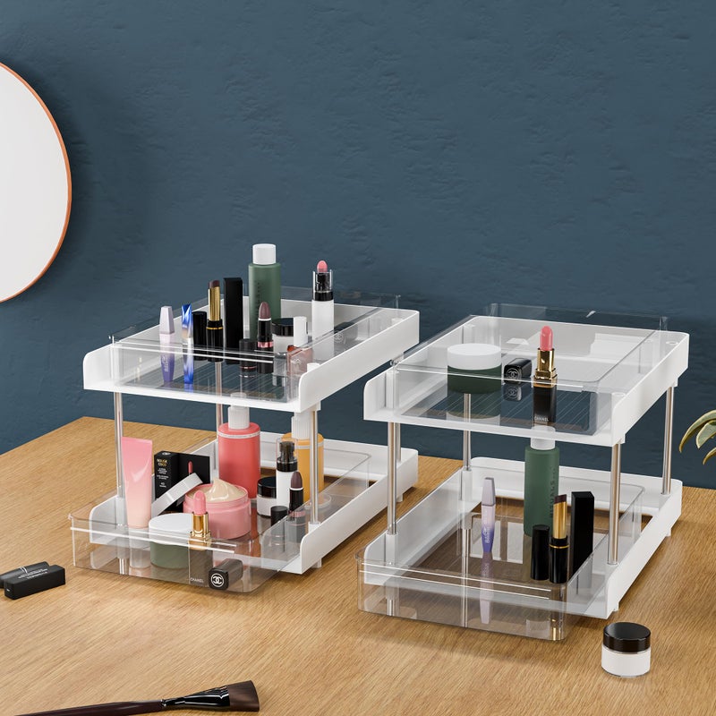 Kuber Industries Kuber Industires 2 Pcs Polypropylene Clear 2 Tier Under Sink Storage Organizer | Makeup Vanity Stand Box for Dressing Table | Countertop Drawer Organizer for Medicine & Bathroom Cabinet | White - Image 1