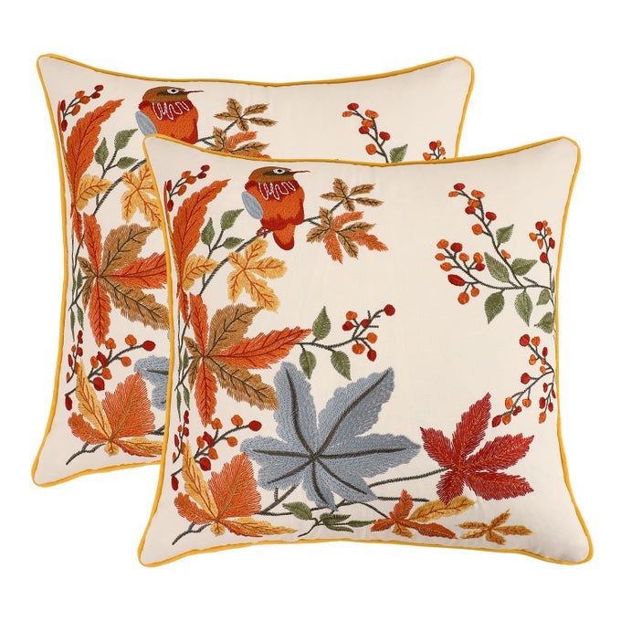 EMBROIDERED THROW PILLOW COVERS 18 X 18 PACK OF 2 VINTAGE BIRDS WITH MAPLE LEAVES FARMHOUSE PILLOW CUSHION CASE DECORATIVE PILLOWCASES SQUARE FLORAL PILLOW CASE FOR FALL THANKSGIVING DECOR