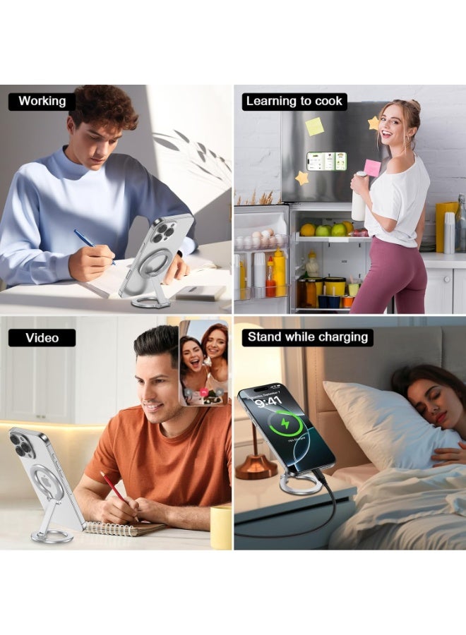 اوراکس MagSafe مزدوج الجانب الهاتف المغناطيسي خاتم حامل قبضة الوقوف، قوية المغناطيس قابل للتعديل الركيزة، المحمولة والقابلة للطي، لحالات الهاتف المغناطيسي، الملحقات المحمولة (الفضية) - Image 2