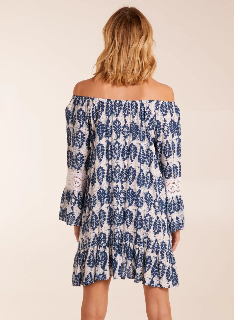 Blue Vanilla Leaf Print Elasticated Bardot Neck Tunic Dress