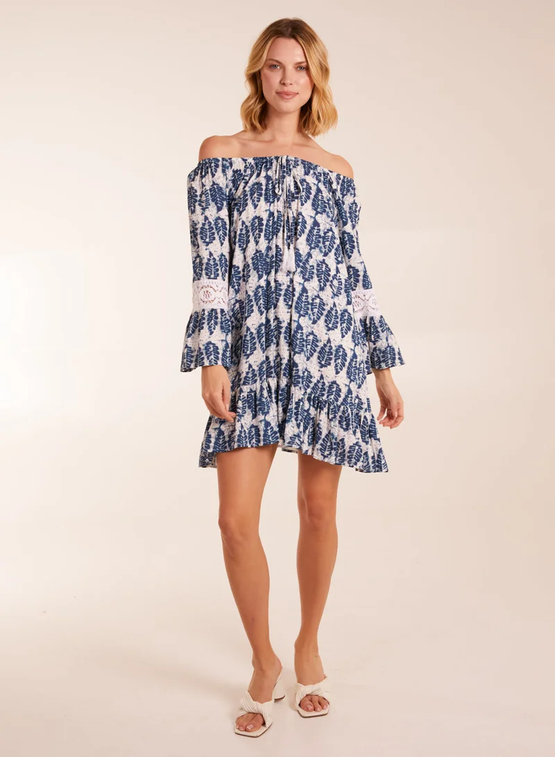 Blue Vanilla Leaf Print Elasticated Bardot Neck Tunic Dress