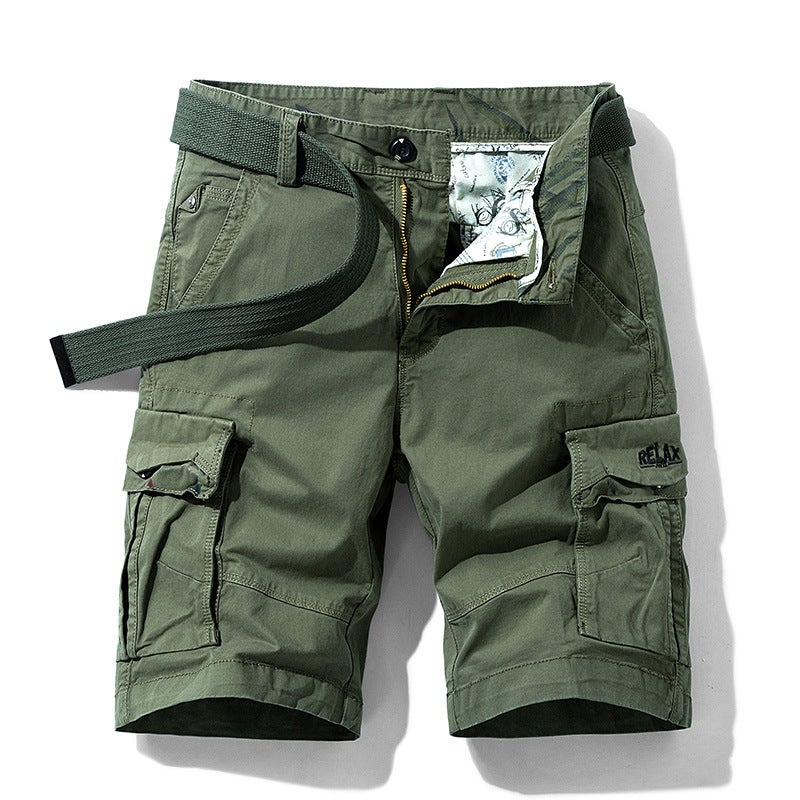 American Style Trendy Brand Work Shorts Mens Loose Shorts Casual All-match Straight Mid-length Pants Cotton Elastic Multi-pocket Five-length Pants for Men Army Green - Image 3