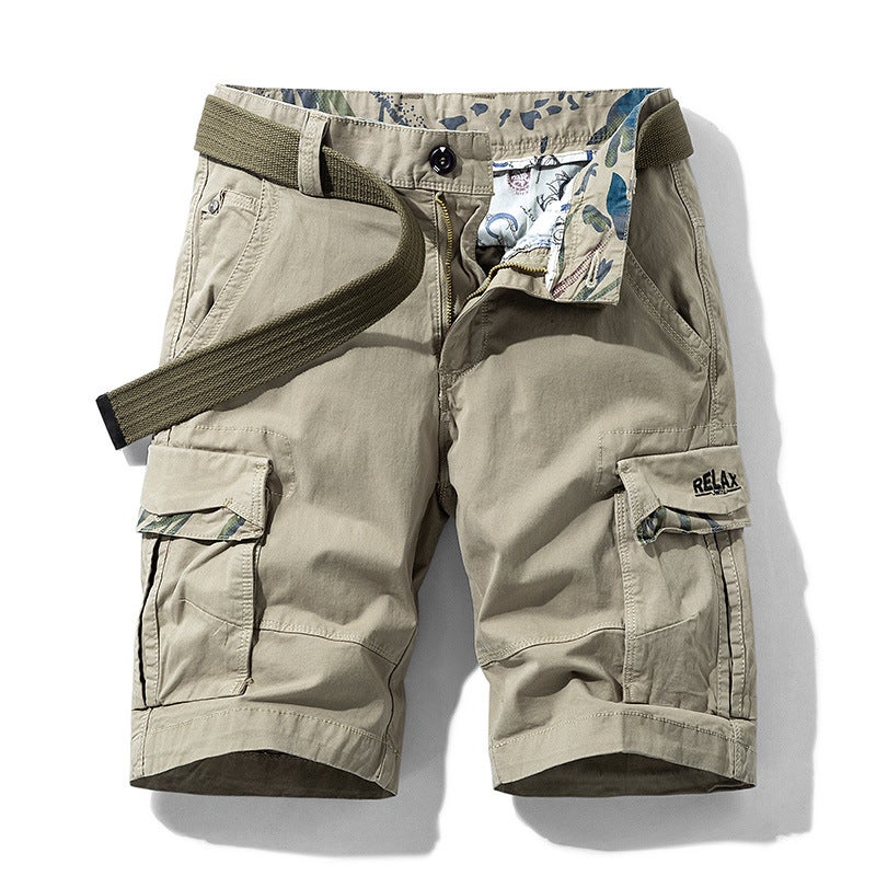 American Style Trendy Brand Work Shorts Mens Loose Shorts Casual All-match Straight Mid-length Pants Cotton Elastic Multi-pocket Five-length Pants for Men Army Green - Image 2