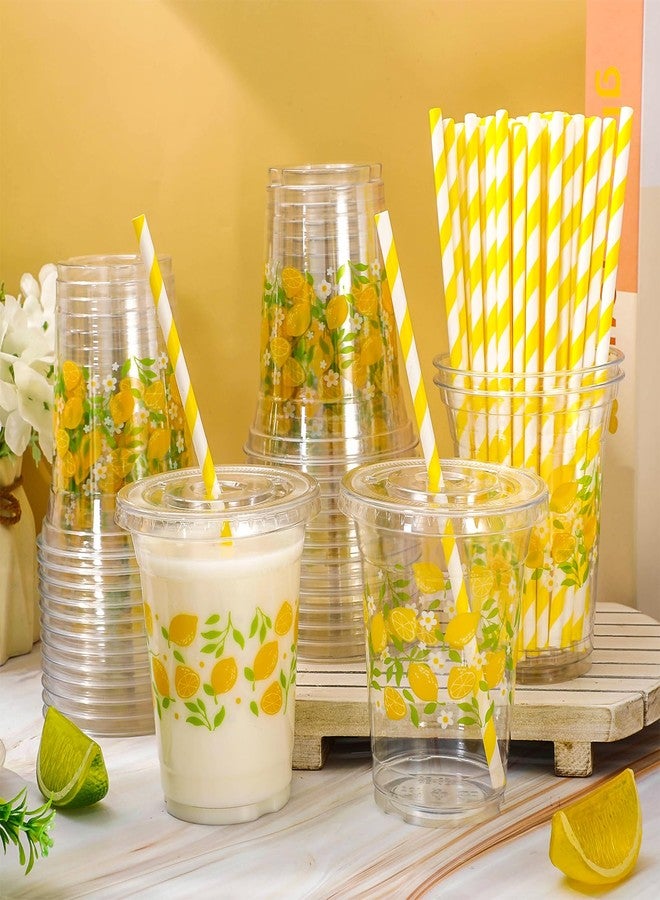 FYSUIMU 50Pcs 12Oz Lemon Floral Plastic Cup with Lid & Straw Yellow Green Flower Clear Disposable Cup for Summer Party Supplies - Image 4
