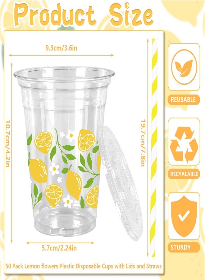 FYSUIMU 50Pcs 12Oz Lemon Floral Plastic Cup with Lid & Straw Yellow Green Flower Clear Disposable Cup for Summer Party Supplies - Image 2