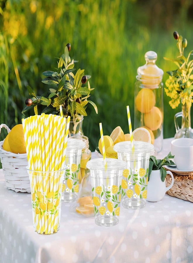 FYSUIMU 50Pcs 12Oz Lemon Floral Plastic Cup with Lid & Straw Yellow Green Flower Clear Disposable Cup for Summer Party Supplies - Image 5