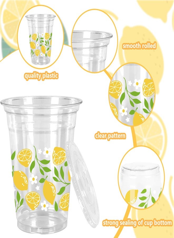 FYSUIMU 50Pcs 12Oz Lemon Floral Plastic Cup with Lid & Straw Yellow Green Flower Clear Disposable Cup for Summer Party Supplies - Image 3