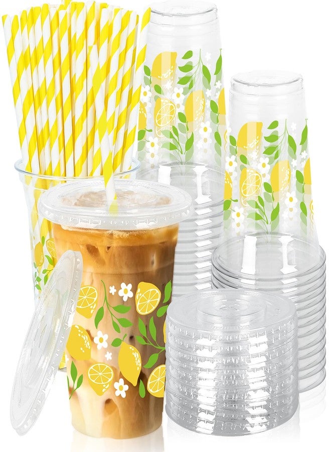 FYSUIMU 50Pcs 12Oz Lemon Floral Plastic Cup with Lid & Straw Yellow Green Flower Clear Disposable Cup for Summer Party Supplies - Image 1