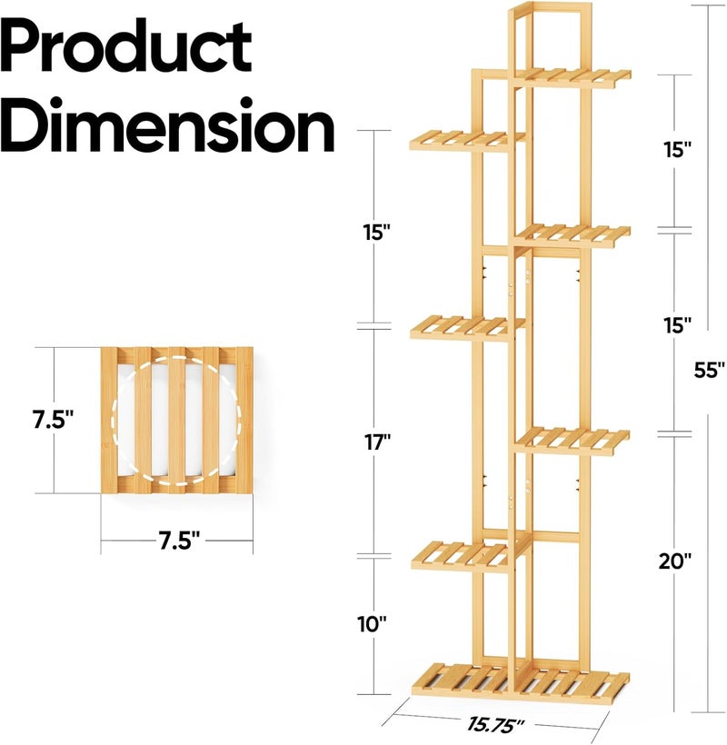 ROSSNY 55 Inch Tall Plant Stand Indoor, 7 Tier 8 Potted Bamboo Plant Stands for Indoor Plants, Corner Plant Stand, Plant Shelf For Indoor, Tiered Plant Stands, Planter Holder for Multiple Plants Indoor, Natural - Image 2