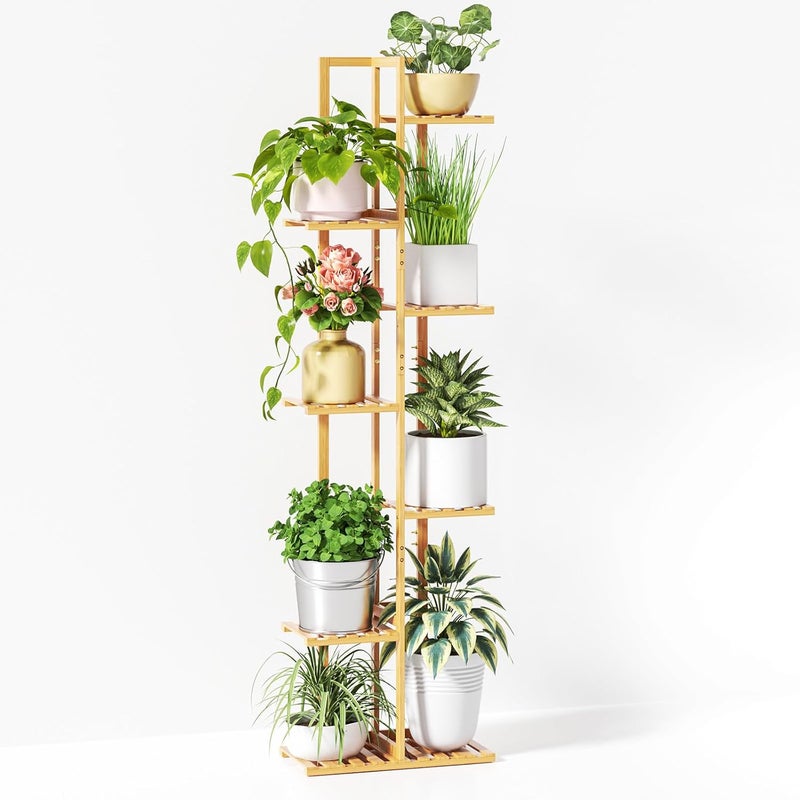 ROSSNY 55 Inch Tall Plant Stand Indoor, 7 Tier 8 Potted Bamboo Plant Stands for Indoor Plants, Corner Plant Stand, Plant Shelf For Indoor, Tiered Plant Stands, Planter Holder for Multiple Plants Indoor, Natural - Image 1