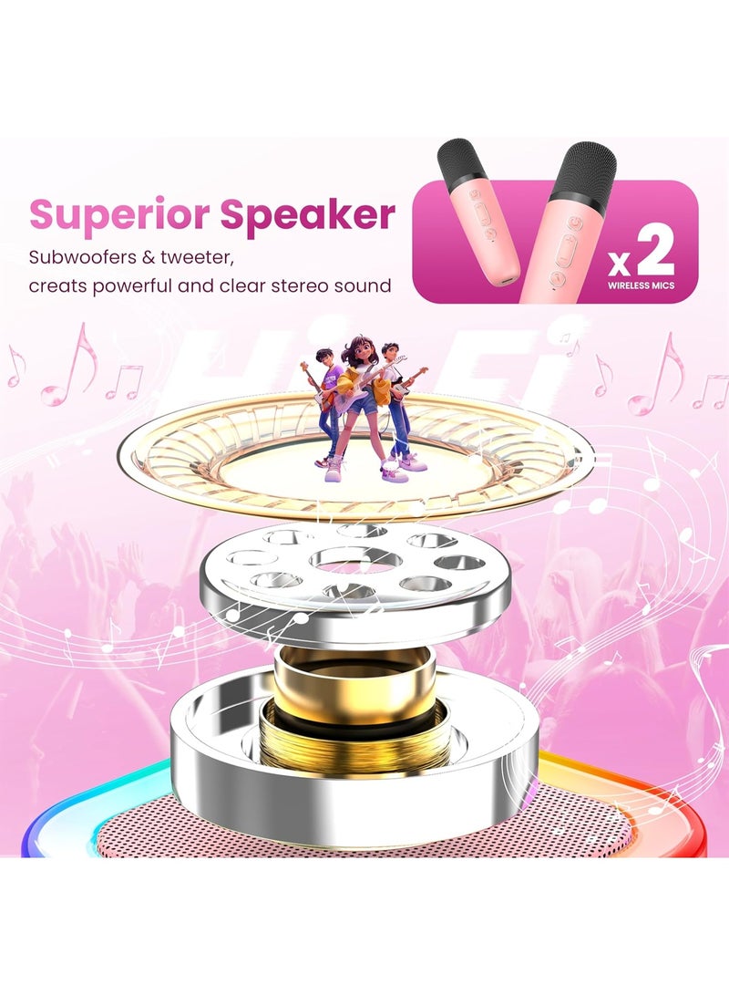Portable Karaoke Machine with 2 Mics – Bluetooth Singing Speaker with Lights (Pink) - Image 2
