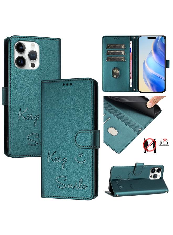 Zaboon For iPhone 14 Pro Max Smile Embossing RFID Leather Phone Case(Peacock Green)