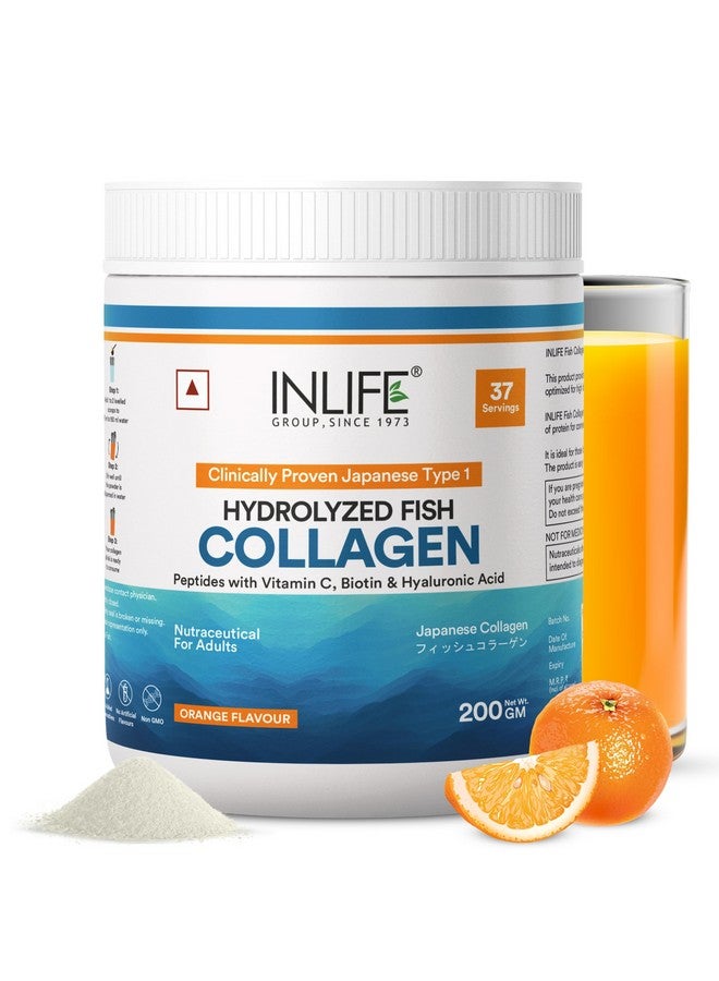 INLIFE Japanese Marine Collagen | Fish Collagen Powder with Biotin, Hyaluronic Acid, Vitamin C & Glucosamine | Clinically Proven for Skin & Hair (Orange, 200g) - Image 1