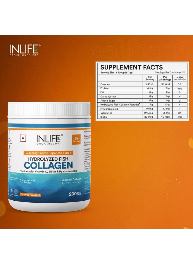 INLIFE Japanese Marine Collagen | Fish Collagen Powder with Biotin, Hyaluronic Acid, Vitamin C & Glucosamine | Clinically Proven for Skin & Hair (Orange, 200g) - Image 2