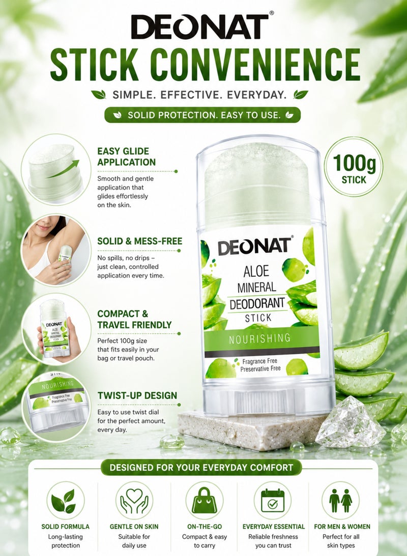 DEONAT Aloe Mineral Deodorant Stick Nourishing 100g Pure Crystal Alum Deodorant with Aloe Vera Extract Hydrating Soothing Chemical Free Fragrance Free Preservative Free Long Lasting Odor Protection for Men and Women Pack of 1 - Image 5