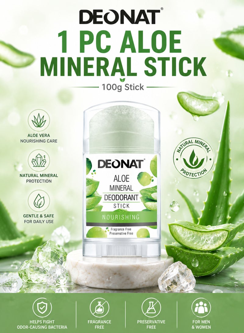 DEONAT Aloe Mineral Deodorant Stick Nourishing 100g Pure Crystal Alum Deodorant with Aloe Vera Extract Hydrating Soothing Chemical Free Fragrance Free Preservative Free Long Lasting Odor Protection for Men and Women Pack of 1 - Image 1