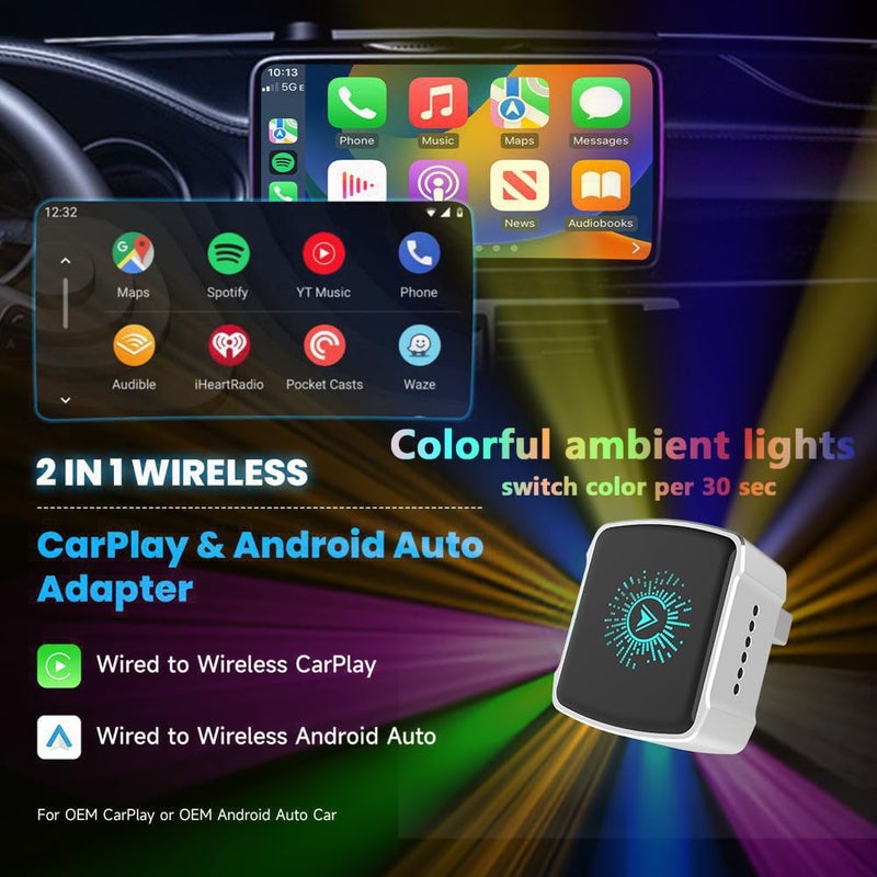 COCOING Wireless CarPlay Adapter & Android Auto (2-in-1) - Mini USB/USB-C Adapter Converts Wired to Wireless, Plug & Play, Stable Lag-Free for iPhone & Android (2026 Upgraded) - Image 2
