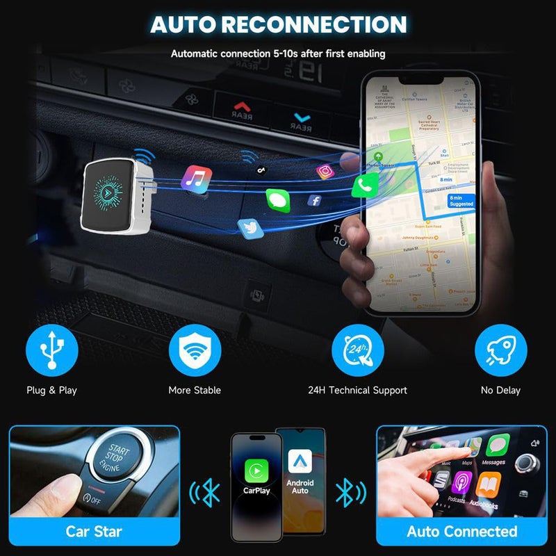 COCOING Wireless CarPlay Adapter & Android Auto (2-in-1) - Mini USB/USB-C Adapter Converts Wired to Wireless, Plug & Play, Stable Lag-Free for iPhone & Android (2026 Upgraded) - Image 3