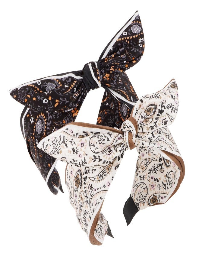 CAVETEE Bow Headbands for Women, Black and White Knotted Hair Bands for Women, 2 Pack Wide Hair Accessories - Image 1