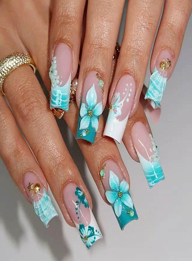 QQPPOLIU Long Press on Nails Square Shape with 3d Flower and Blue French Tip Design Fake Glue on Nails Gradient Nail for Women and Girls 24pcs - Image 2