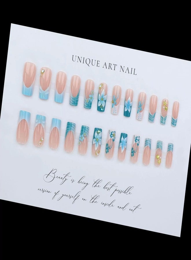 QQPPOLIU Long Press on Nails Square Shape with 3d Flower and Blue French Tip Design Fake Glue on Nails Gradient Nail for Women and Girls 24pcs - Image 5