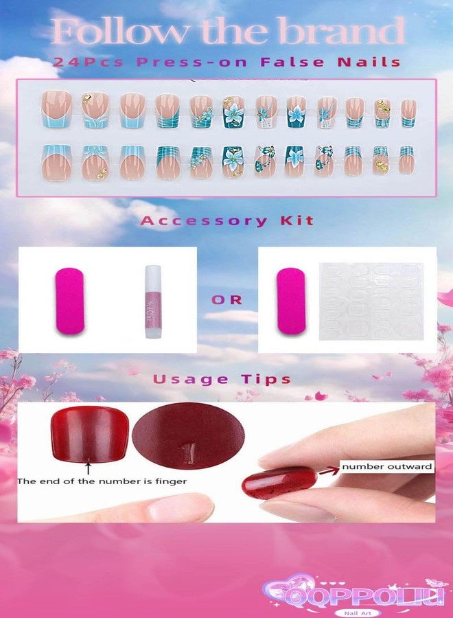 QQPPOLIU Long Press on Nails Square Shape with 3d Flower and Blue French Tip Design Fake Glue on Nails Gradient Nail for Women and Girls 24pcs - Image 4