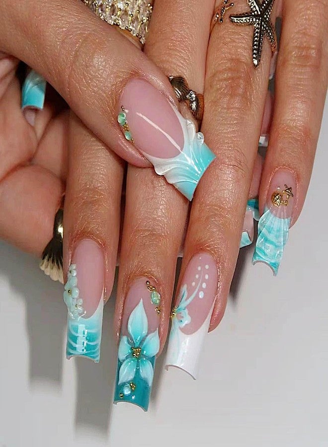 QQPPOLIU Long Press on Nails Square Shape with 3d Flower and Blue French Tip Design Fake Glue on Nails Gradient Nail for Women and Girls 24pcs - Image 3