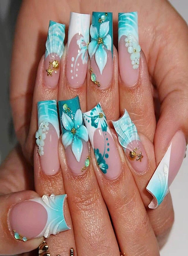 QQPPOLIU Long Press on Nails Square Shape with 3d Flower and Blue French Tip Design Fake Glue on Nails Gradient Nail for Women and Girls 24pcs - Image 1