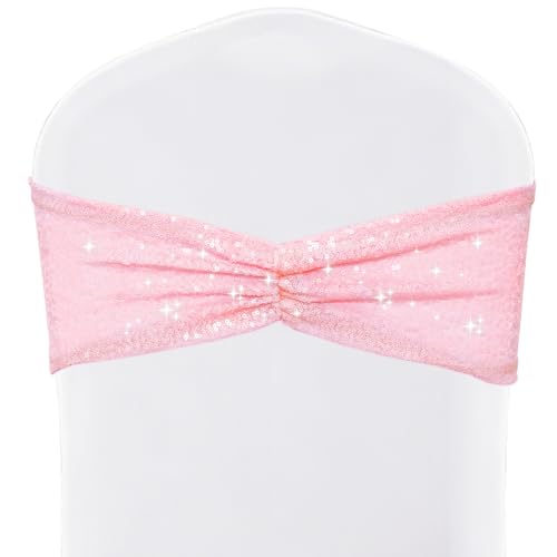 SquarePie Sequin Chair Sashes Bands 20 Pack Pink Shiny Chair Cover Bows for Wedding Banquet Party Decor - Image 1