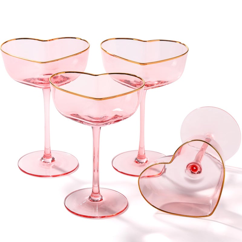 TrophyToast Pink Coupe Glasses Set of 4, Heart-Shaped Martini Glasses with Golden Rim, Fancy Manhattan, Cosmopolitan, Sidecar Cocktail Glassware for Christmas, Wedding, Birthdays - 8oz - Image 1