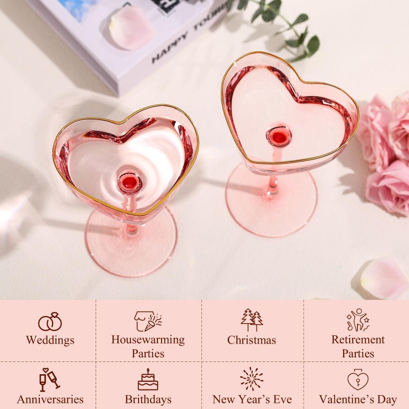 TrophyToast Pink Coupe Glasses Set of 4, Heart-Shaped Martini Glasses with Golden Rim, Fancy Manhattan, Cosmopolitan, Sidecar Cocktail Glassware for Christmas, Wedding, Birthdays - 8oz - Image 2