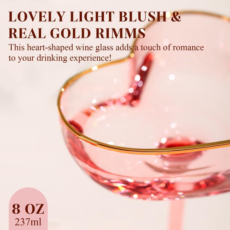 TrophyToast Pink Coupe Glasses Set of 4, Heart-Shaped Martini Glasses with Golden Rim, Fancy Manhattan, Cosmopolitan, Sidecar Cocktail Glassware for Christmas, Wedding, Birthdays - 8oz - Image 5