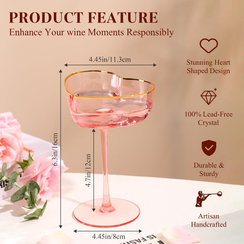 TrophyToast Pink Coupe Glasses Set of 4, Heart-Shaped Martini Glasses with Golden Rim, Fancy Manhattan, Cosmopolitan, Sidecar Cocktail Glassware for Christmas, Wedding, Birthdays - 8oz - Image 3