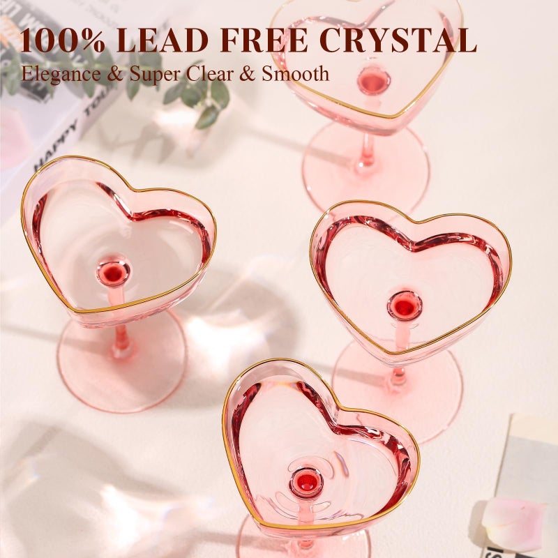 TrophyToast Pink Coupe Glasses Set of 4, Heart-Shaped Martini Glasses with Golden Rim, Fancy Manhattan, Cosmopolitan, Sidecar Cocktail Glassware for Christmas, Wedding, Birthdays - 8oz - Image 4