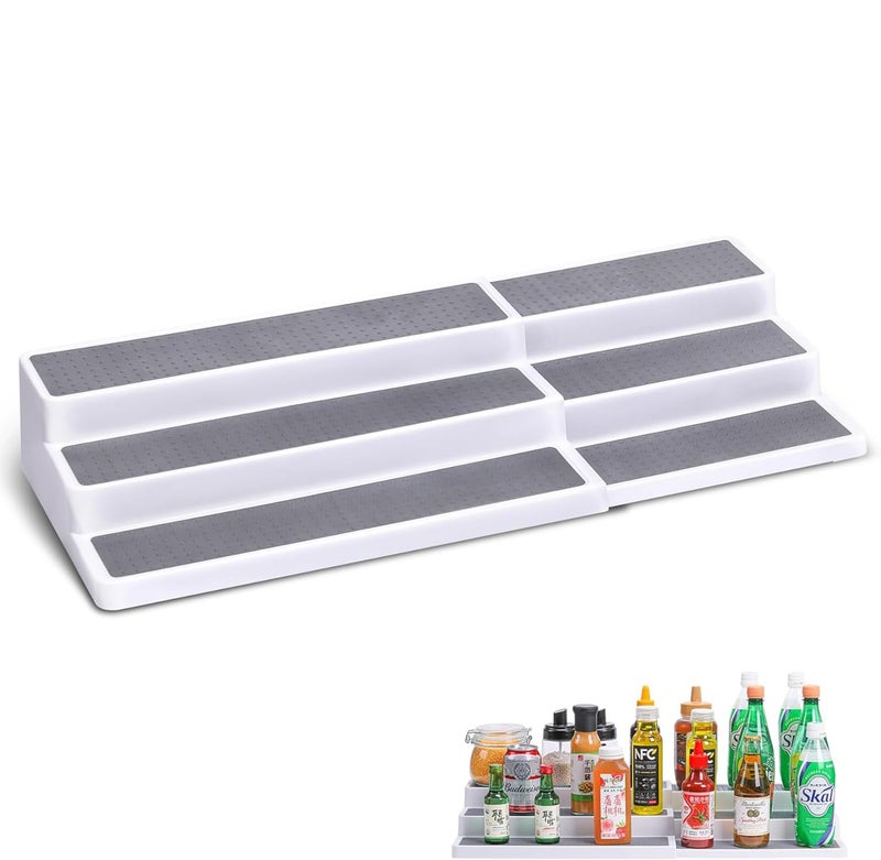 House of Quirk 3 Tier Expandable Spice Countertop Rack Organizer, Plastic Spice Rack, Adjustable Non-Skid Tiered Shelf Spice Shelf Organizer for Kitchen Cabinet, Cupboard, Pantry (White) - Image 1