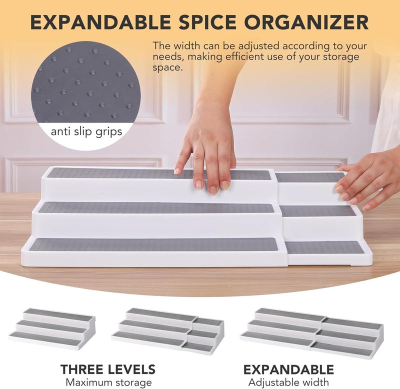 House of Quirk 3 Tier Expandable Spice Countertop Rack Organizer, Plastic Spice Rack, Adjustable Non-Skid Tiered Shelf Spice Shelf Organizer for Kitchen Cabinet, Cupboard, Pantry (White) - Image 3
