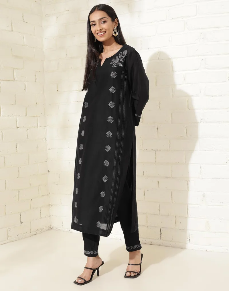 Fabindia Black Cotton Silk Chikankari Kurta Pant & Slip Set