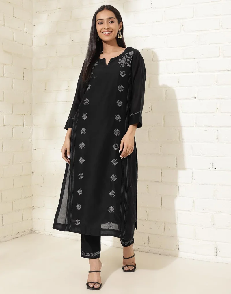 Fabindia Black Cotton Silk Chikankari Kurta Pant & Slip Set