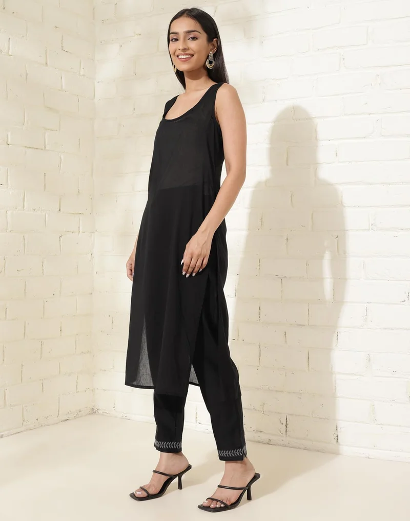Fabindia Black Cotton Silk Chikankari Kurta Pant & Slip Set
