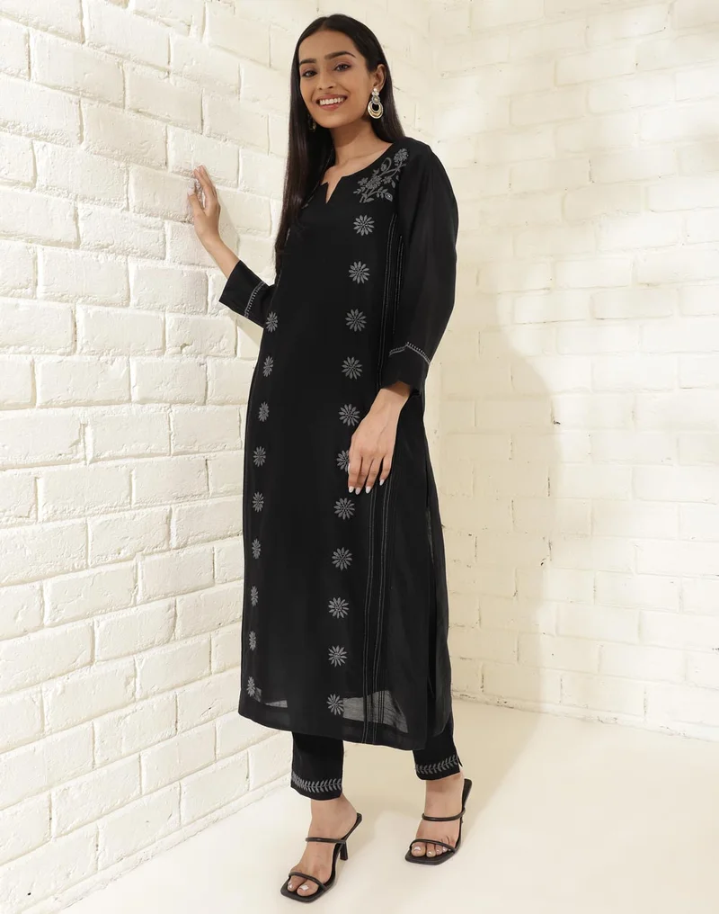 Fabindia Black Cotton Silk Chikankari Kurta Pant & Slip Set
