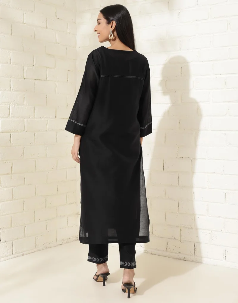 Fabindia Black Cotton Silk Chikankari Kurta Pant & Slip Set