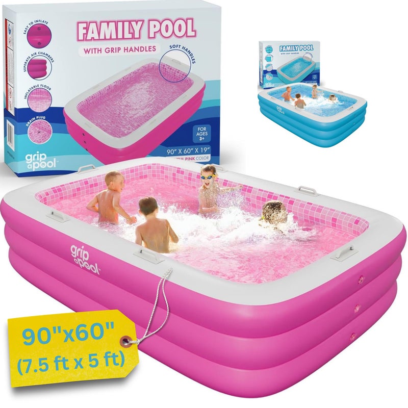 GRIP A POOL Inflatable for Kids and Adults 90"x60" (7.5'x5') with Soft Padded Floor, Handles and Drain, Kiddie Swimming Pool, Big Blow Up Backyard Pool for Ages 3+, Playful - Pink - Image 1