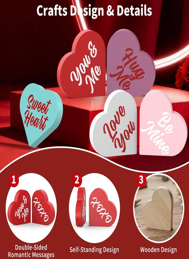 OLANRUN Valentines Day Decorations, 5 PCS Double Printed Wooden Conversation Hearts Decoration, Romantic Valentines Day Decor for Indoor Home Office Table Tiered Tray Mantel Shelf Bedroom - Image 2